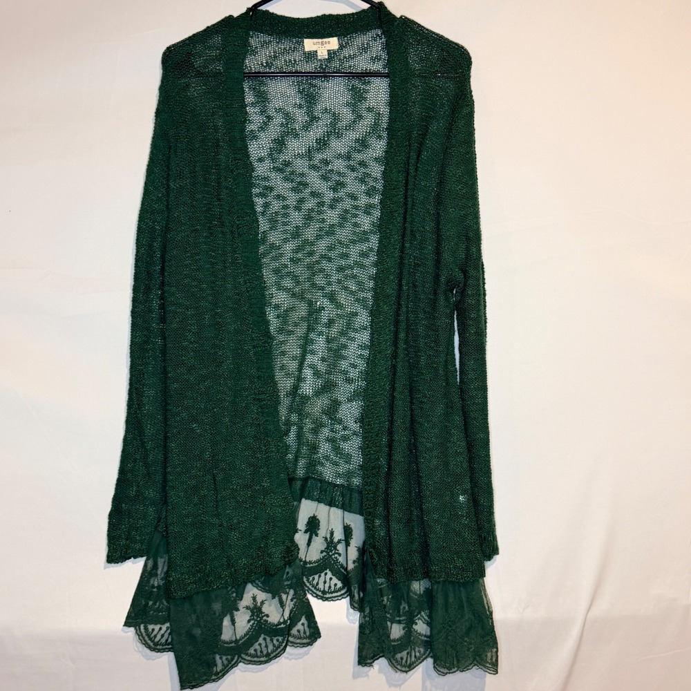Umgee Womens Forest Green Open Knit Lace Trim Longline Cardigan Size Large